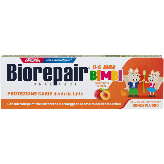 BIOREPAIR DENTIFRICIO 50ML BIMBI 0-6 ANNI PROTEZIONE CARIE DENTI DA LATTE SENZA FLUORO CON ESTRATTO DI PESCA