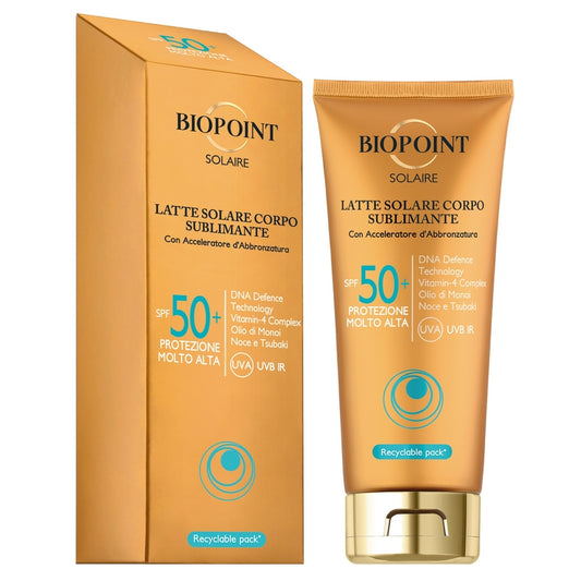 BIOPOINT SOLAIRE LATTE SOLARE CORPO SUBLIMANTE SPF 50+ PROTEZIONE MOLTO ALTA 200ML CON ACCELERATORE D'ABBRONZATURA