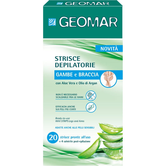 GEOMAR STRISCE DEPILATORIE GAMBE E BRACCIA ALOE VERA E OLIO DI ARGAN 20PZ + 4 SALVIETTINE POST-EPILAZIONE
