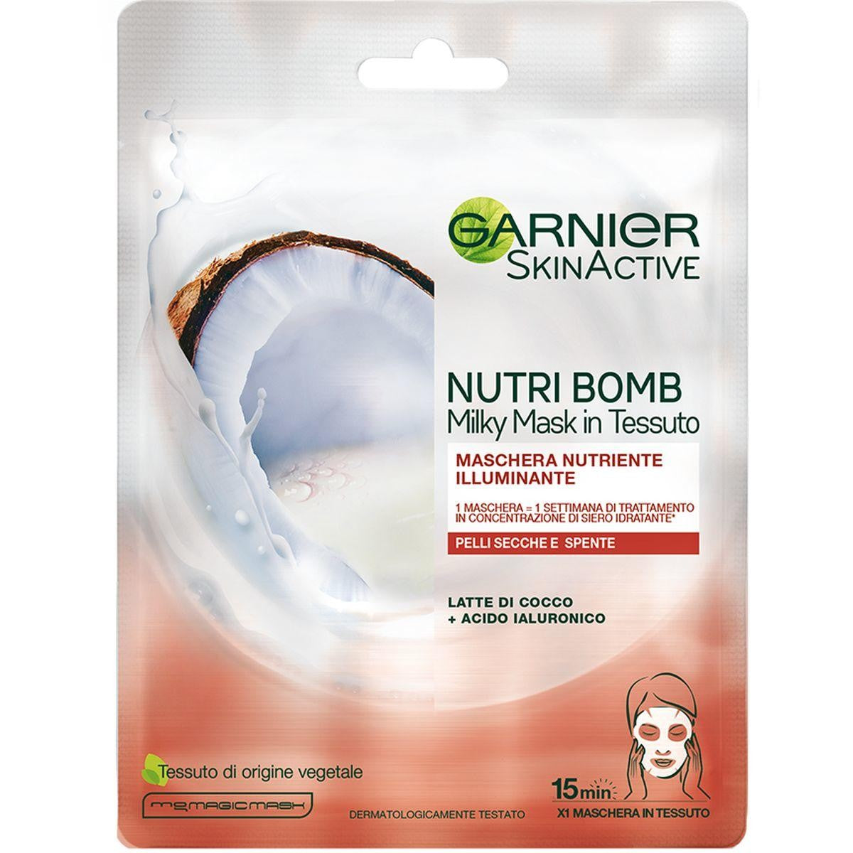 GARNIER NUTRI BOMB MASCHERA IN TESSUTO 28G 1PZ NUTRIENTE ILLUMINANTE LATTE DI COCCO + ACIDO IALURONICO