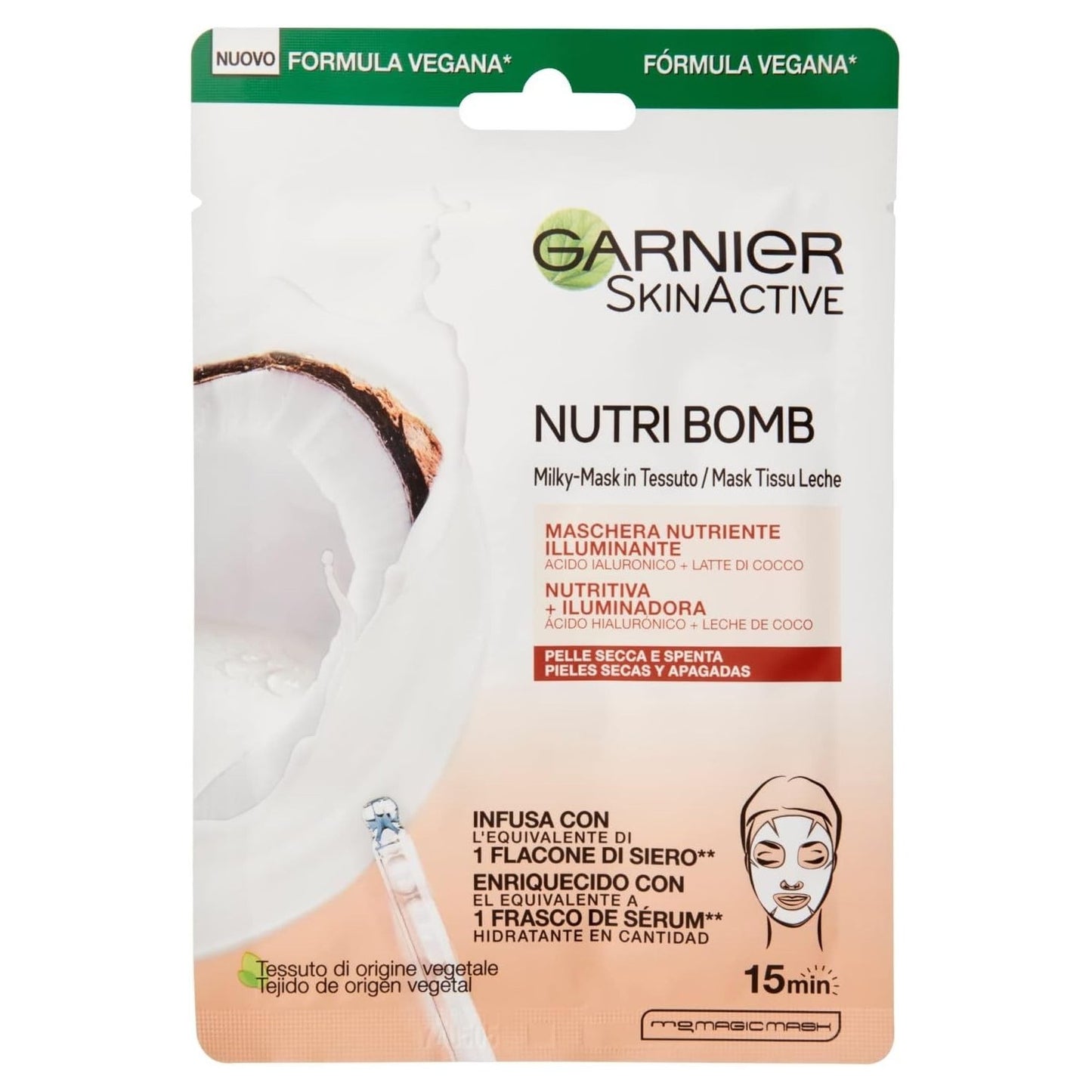 GARNIER NUTRI BOMB MASCHERA IN TESSUTO 28G 1PZ NUTRIENTE ILLUMINANTE LATTE DI COCCO + ACIDO IALURONICO
