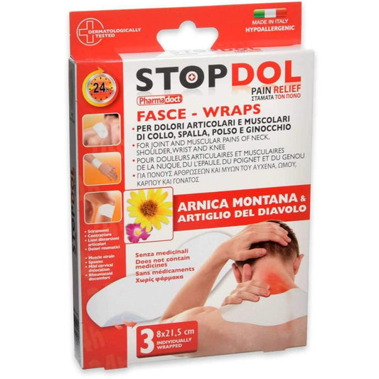 PHARMADOCT STOPDOL FASCE CM.8X21,5 3PZ PER DOLORI ARTICOLARI E MUSCOLARI DI COLLO,SPALLA,POLSO E GINOCCHIO ARNICA MONTANA & ARTIGLIO DEL DIAVOLO