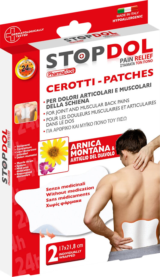 PHARMADOCT STOPDOL FASCE CM.17X21,8 2PZ PER DOLORI ARTICOLARI E MUSCOLARI DELLA SCHIENA ARNICA MONTANA & ARTIGLIO DEL DIAVOLO