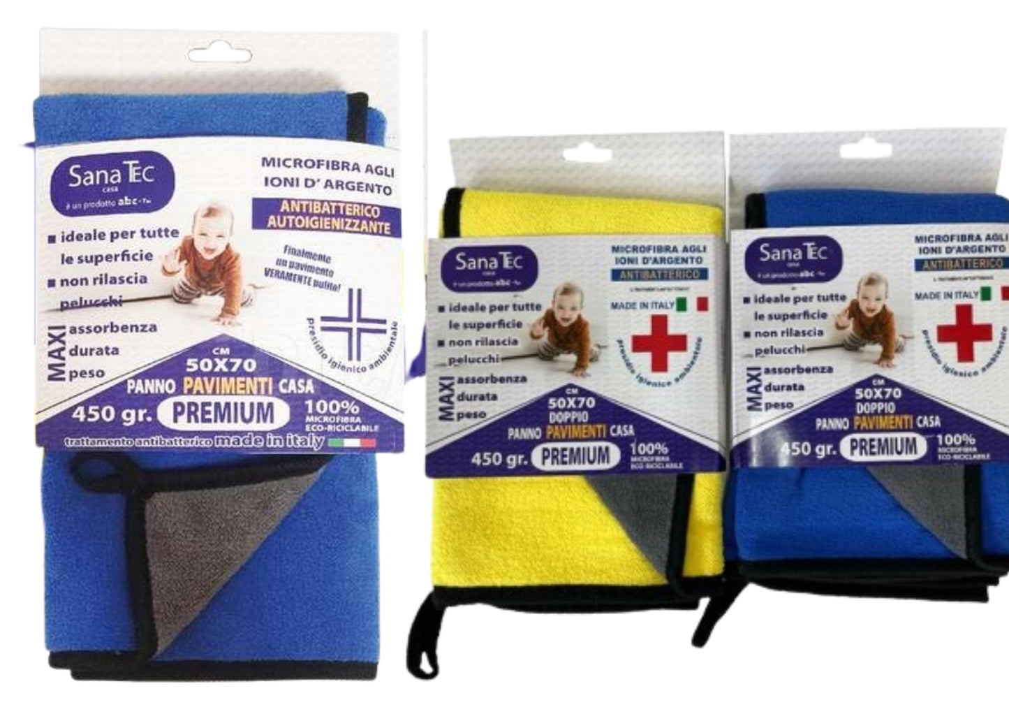 SANA TEC PANNO PAVIMENTI CASA PREMIUM 450G CM.50X70 BICOLORE MICROFIBRA AGLI IONI D'ARGENTO ANTIBATTERICO AUTOIGIENIZZANTE