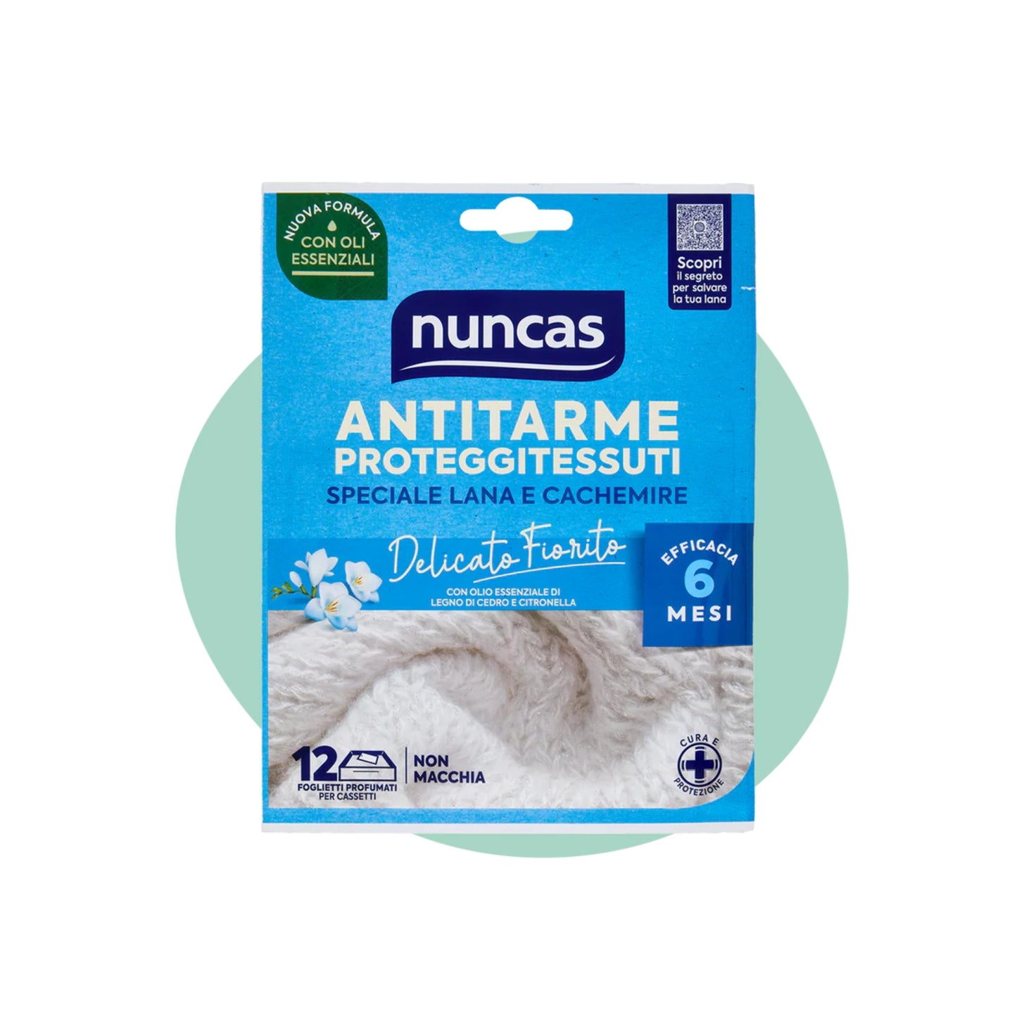 NUNCAS ANTITARME PROTEGGI TESSUTI SPECIALE LANA E CACHEMIRE 12 FOGLIETTI PROFUMATI PER CASSETTI DELICATO FIORITO