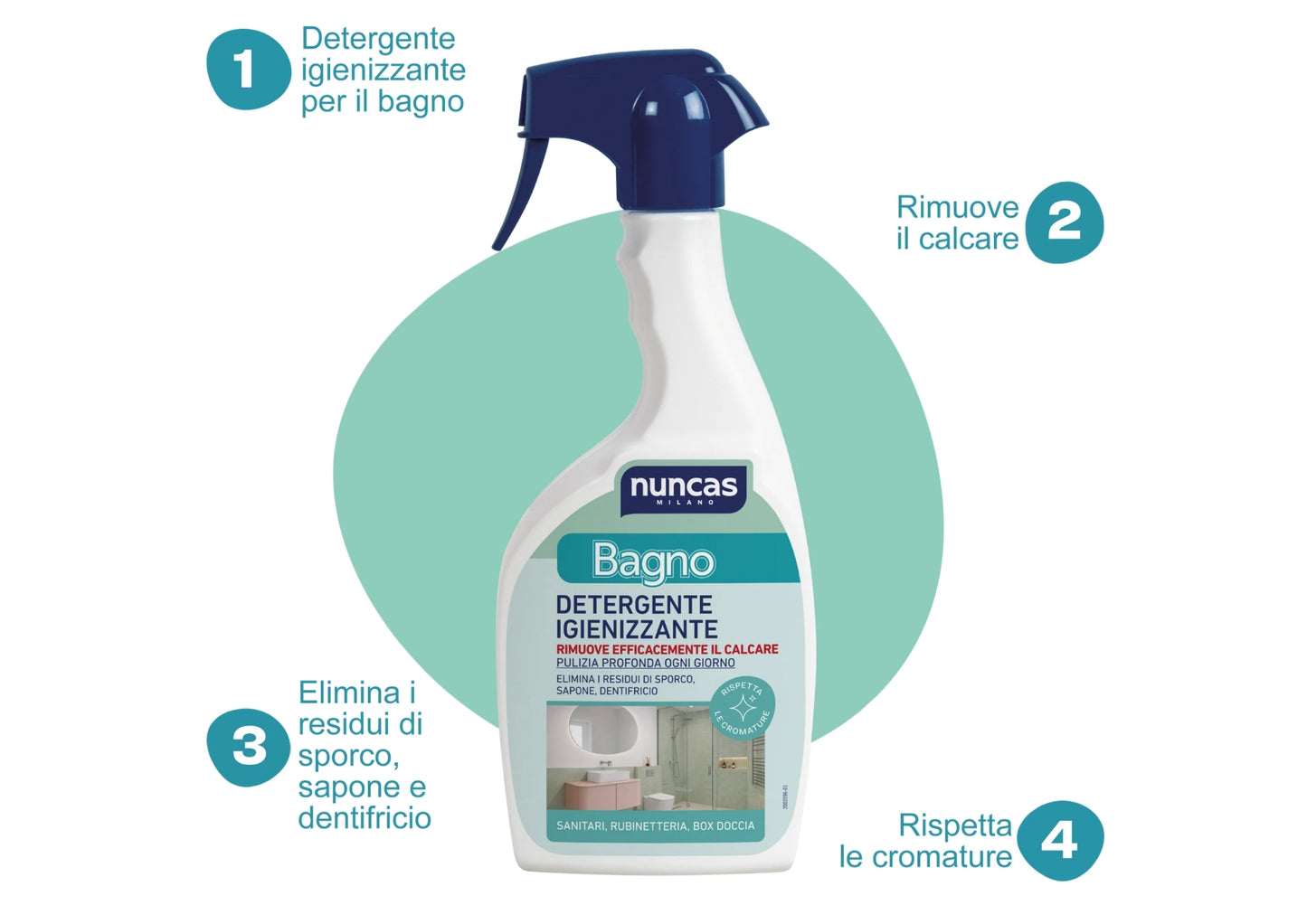NUNCAS BAGNO DETERGENTE IGIENIZZANTE SPRAY 500ML SANITARI,RUBINETTERIA,BOX DOCCIA