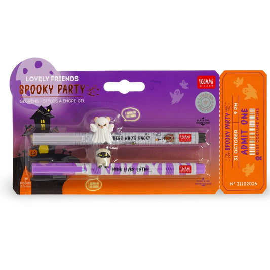 LEGAMI MILANO HALLOWEEN SPOOKY PARTY SET DI 2 PENNE GEL CON ANIMALETTO DECORATIVO LOVELY FRIENDS TEDDY GHOST + KITTY MUMMY