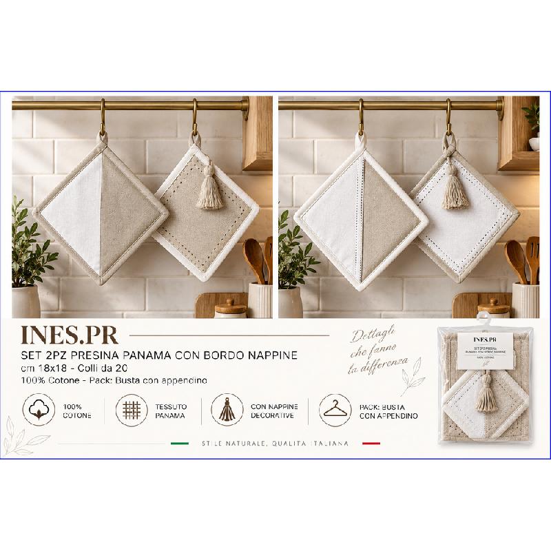 PREZIOSA INES SET 2PZ PRESINA PANAMA CON BORDO NAPPINE CM.18X18 100% COTONE ASSORTITA