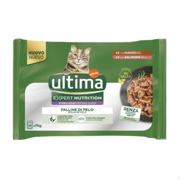 ULTIMA EXPERT NUTRITION STERILIZZATI 4X70G PALLINE DI PELO MANZO/SALMONE