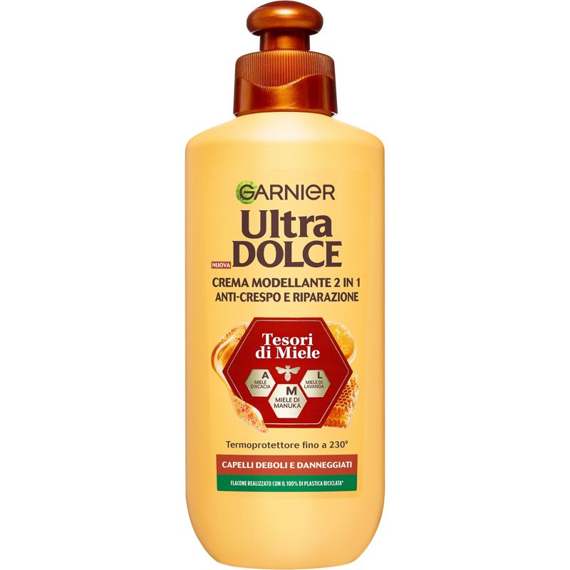 GARNIER ULTRA DOLCE CREMA MODELLANTE 2 IN 1 ANTI-CRESPO E RIPARAZIONE 200ML TESORI DI MIELE CAPELLI DEBOLI E DANNEGGIATI TERMOPROTETTORE FINO A 230