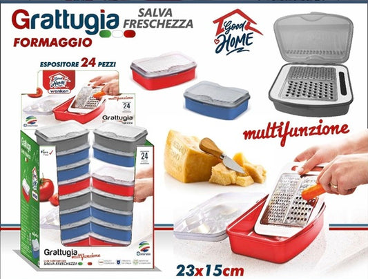 GOOD HOME GRATTUGGIA FORMAGGIO MULTIFUNZIONE SALVAFRESCHEZZA CON CONTENITORE CM.23X15 COLORI ASSORTITI