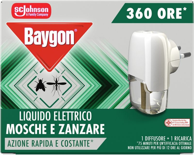 BAYGON LIQUIDO ELETTRICO MOSCHE & ZANZARE 1 DIFFUSORE + 1 RICARICA 360 ORE 31ML