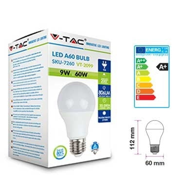 V-TAC LED A60 BULB 9W=60W 4000K