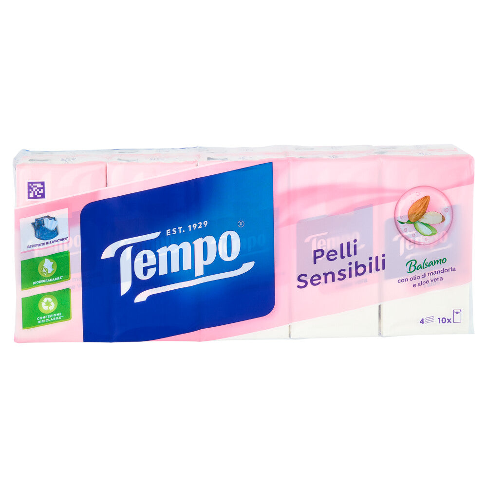 TEMPO FAZZOLETTI PELLI SENSIBILI 4 VELI X10 BALSAMO OLIO DI MANDORLA E ALOE VERA