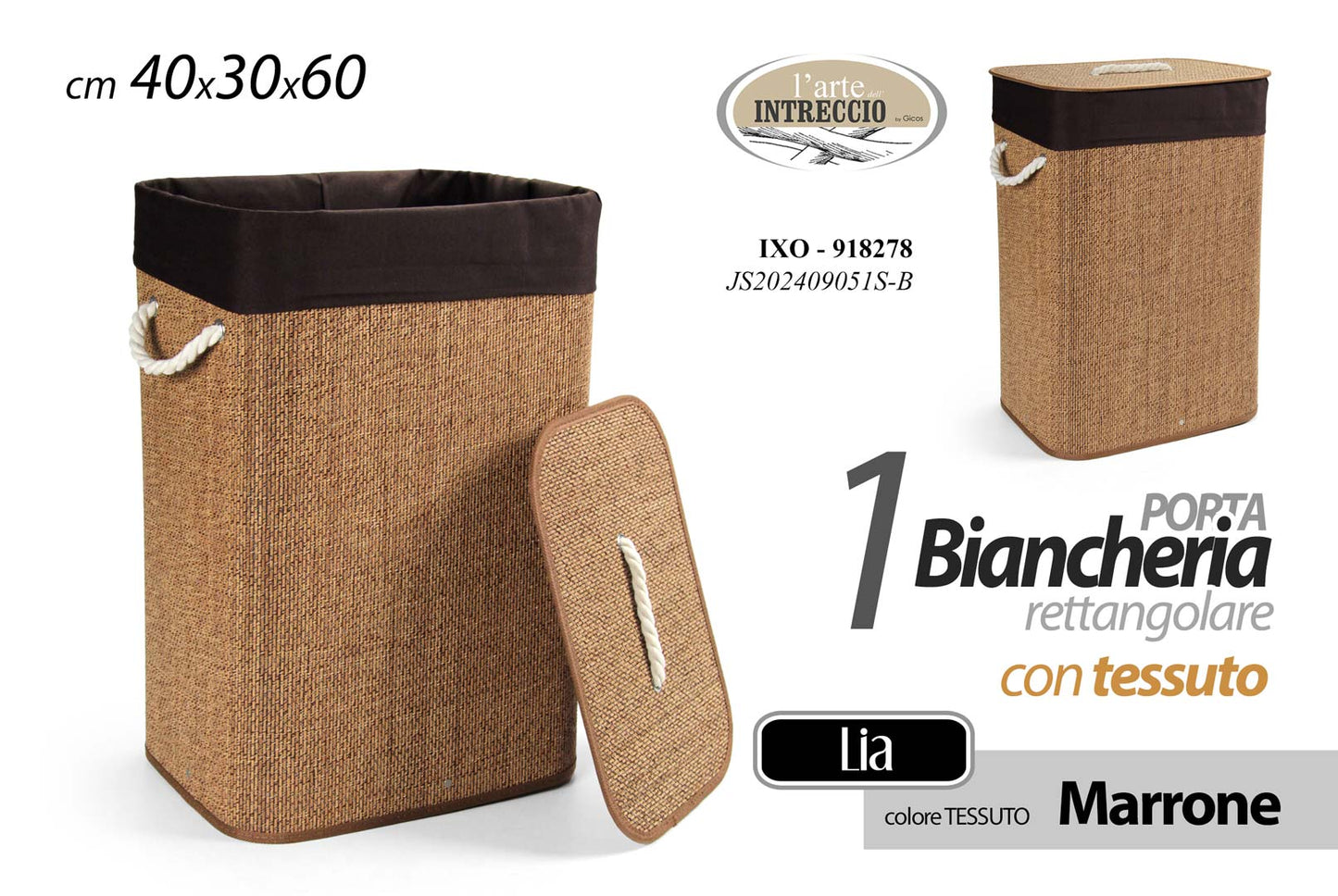 GICOS PORTABIANCHERIA RETTANGOLARE CON TESSUTO MARRONE CM.40X30X60