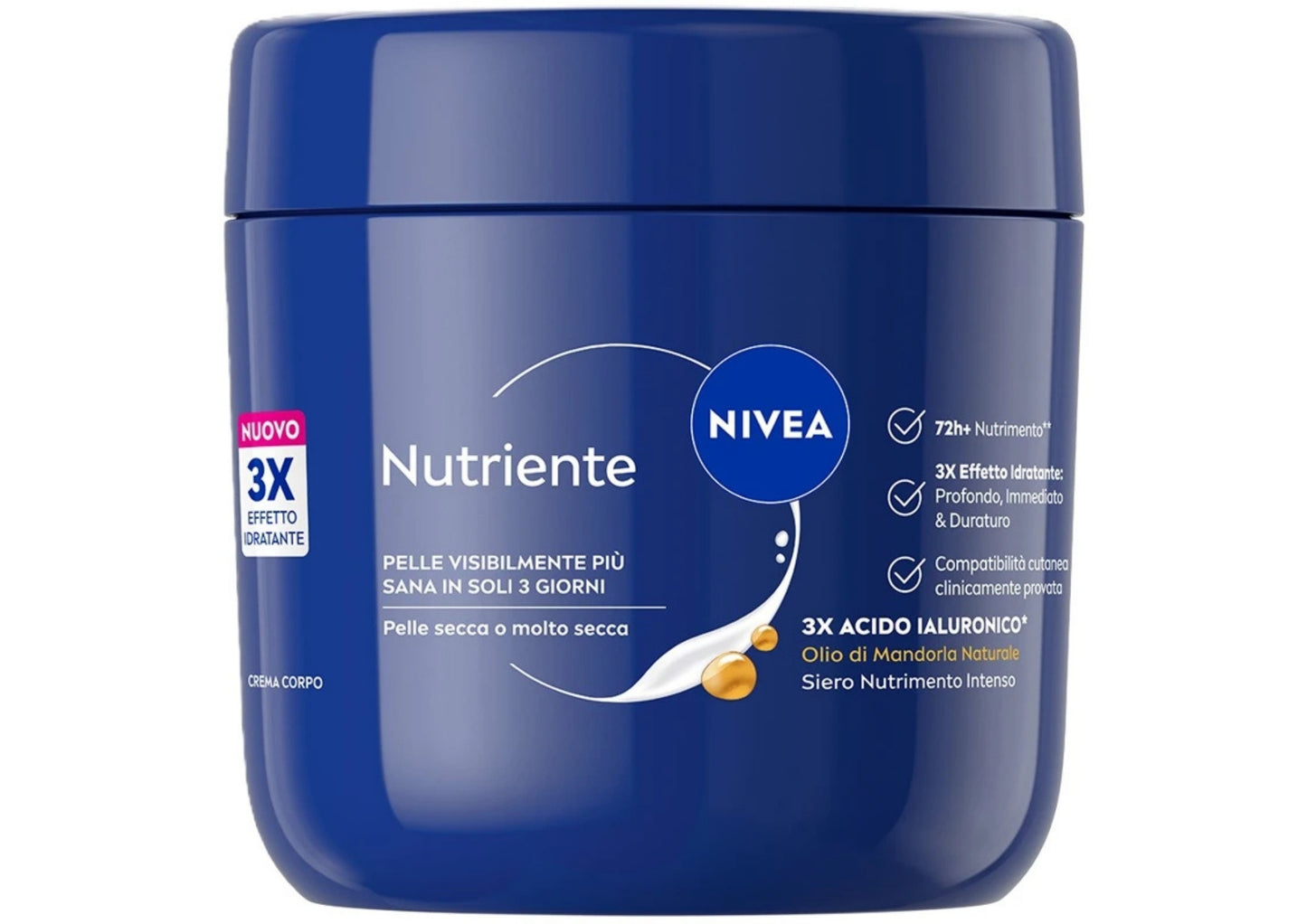 NIVEA CREMA CORPO VASO 400ML NUTRIENTE PELLE SECCA O MOLTO SECCA 3X ACIDO IALURONICO OLIO DI MANDORLA NATURALE