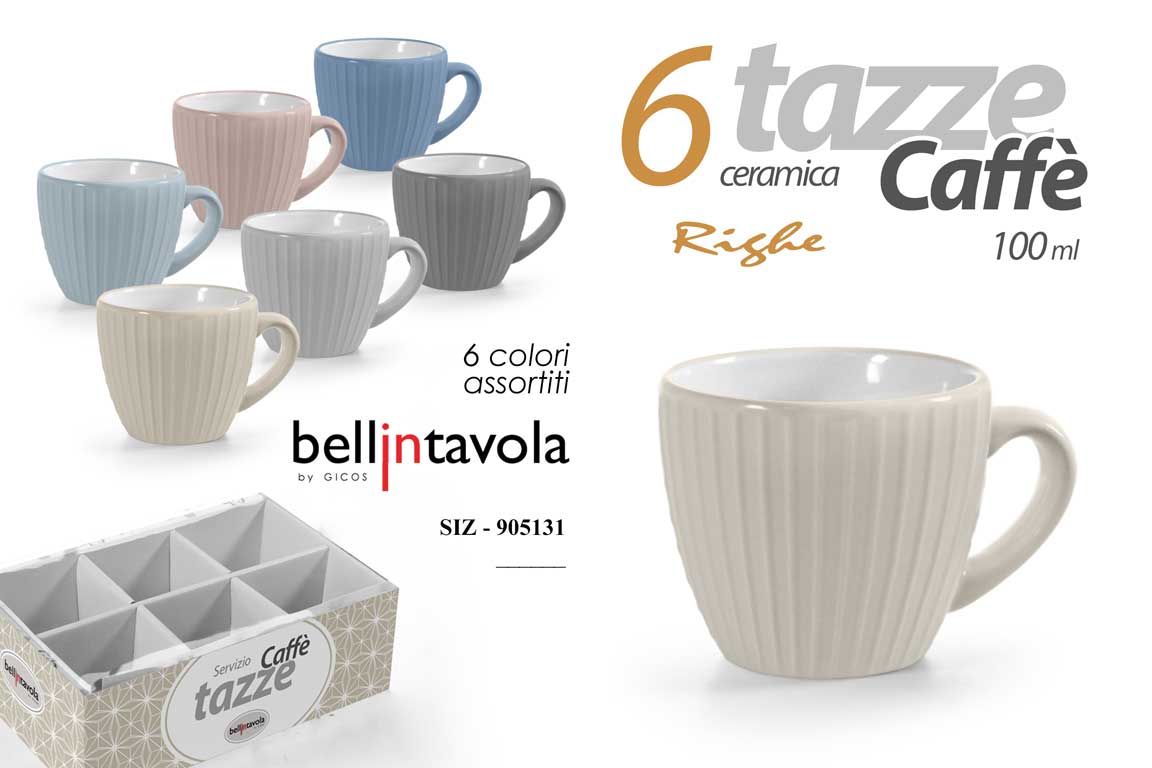 GICOS 6 TAZZE CAFFE' CERAMICA 100ML RIGHE COLORI ASSORTITI