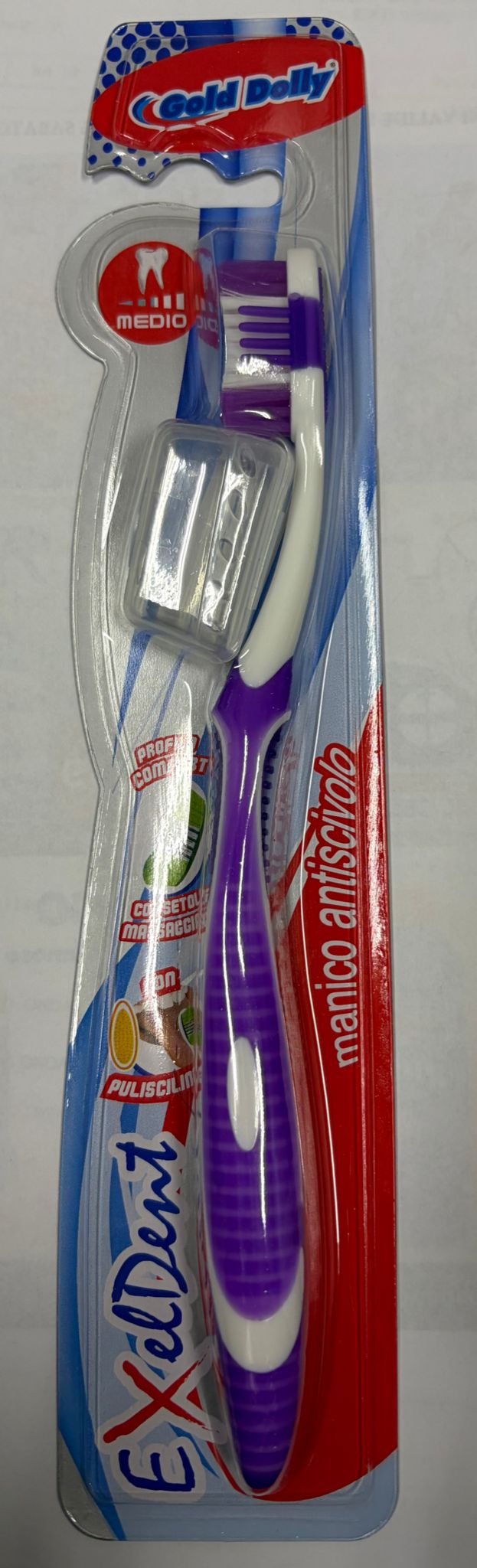 GOLD DOLLY EXELDENT SPAZZOLINO DOPPIA ONDA MEDIO MANICO ANTISCIVOLO CON COPRITESTINA