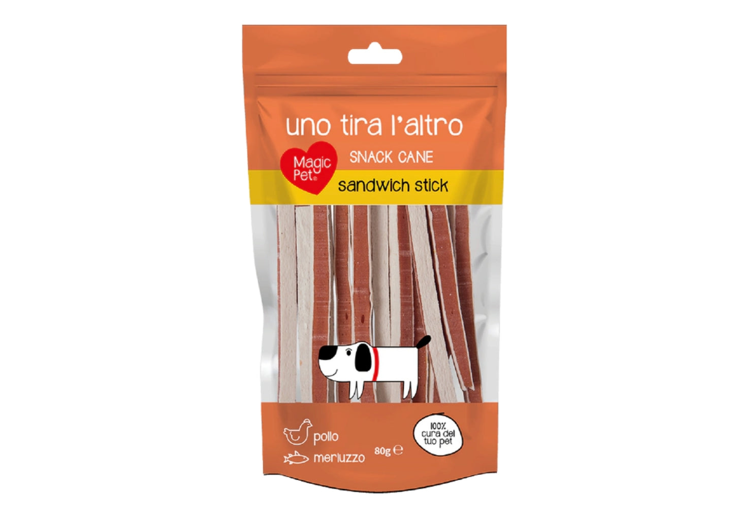 MAGIC PET UNO TIRA L'ALTRO SNACK CANE SANDWICH STICK POLLO MERLUZZO 80G