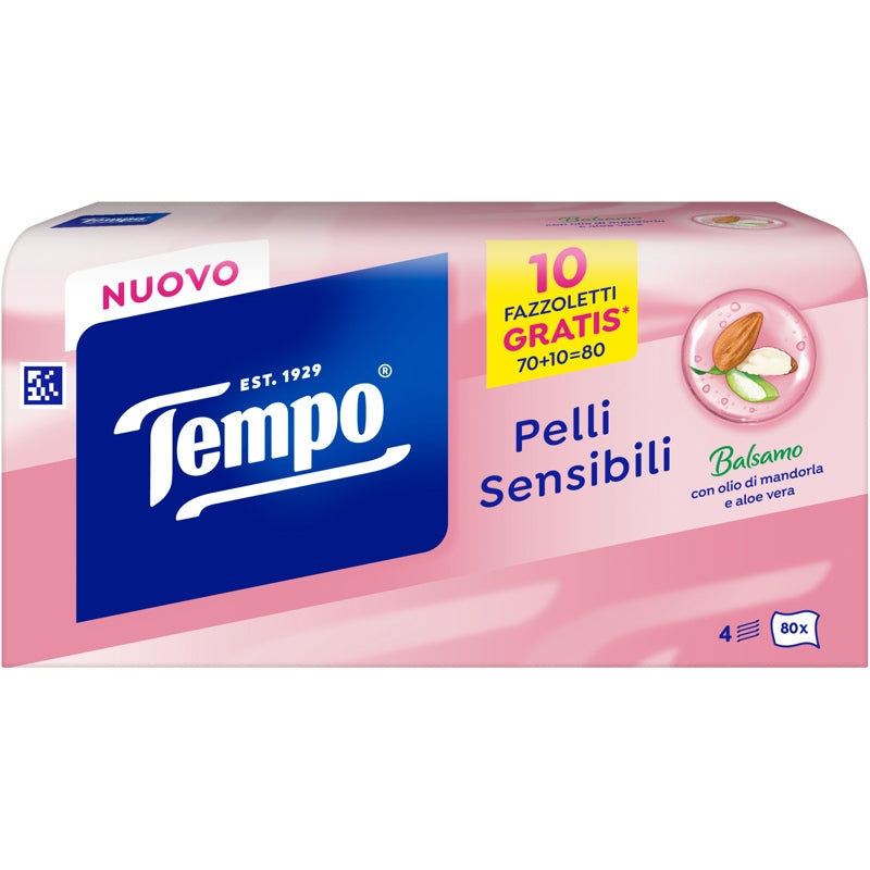 TEMPO FAZZOLETTI 4 VELI BOX 70+10PZ PELLI SENSIBILI BALSAMO CON OLIO DI MANDORLA E ALOE VERA