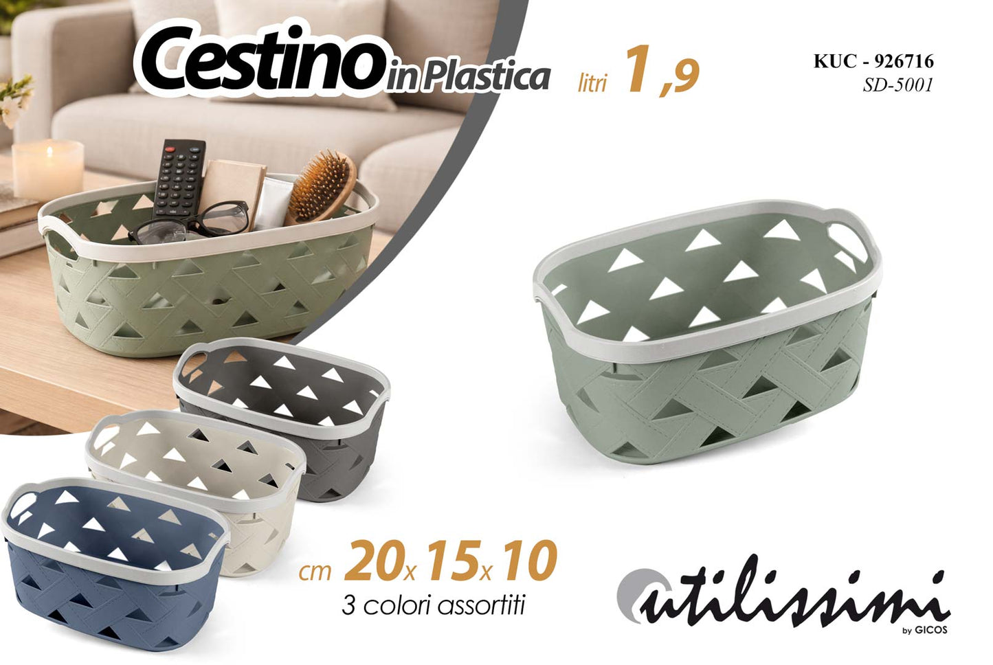 GICOS CESTINO IN PLASTICA 1,9L CM.20X15X10 COLORI ASSORTITI