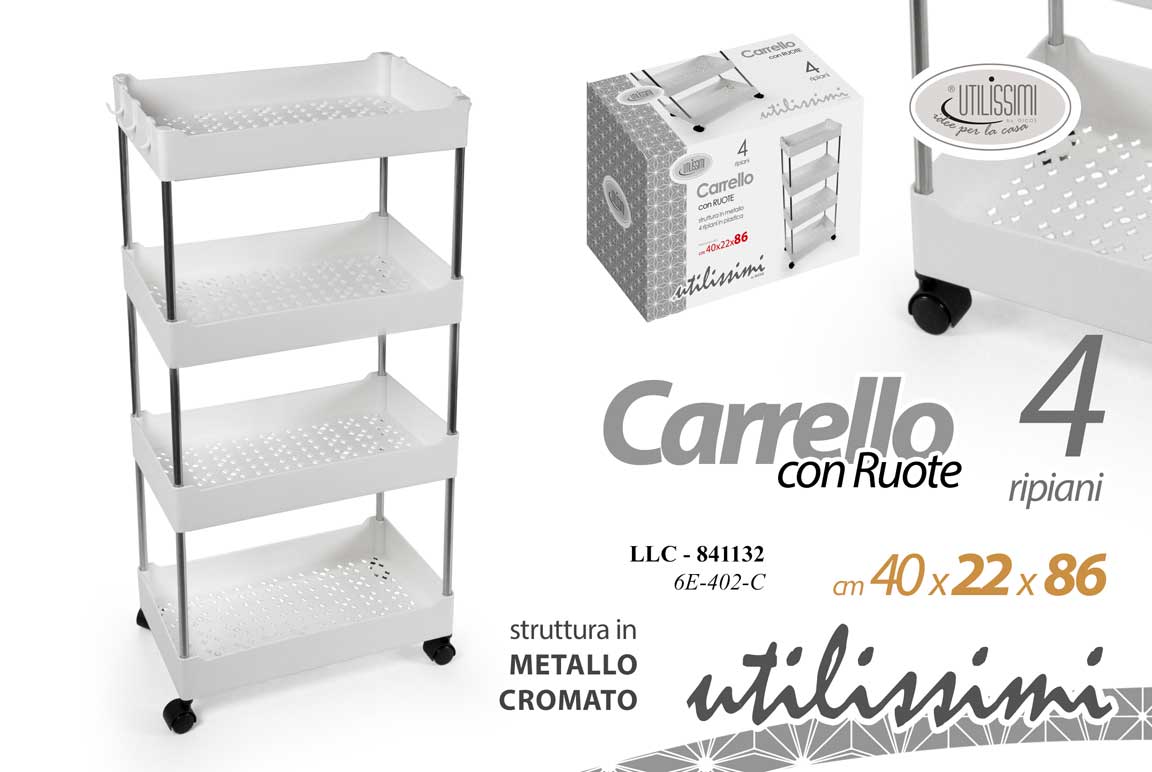 GICOS CARRELLO CON RUOTE 4 RIPIANI STRUTTURA IN METALLO CROMATO CM.40X22X86