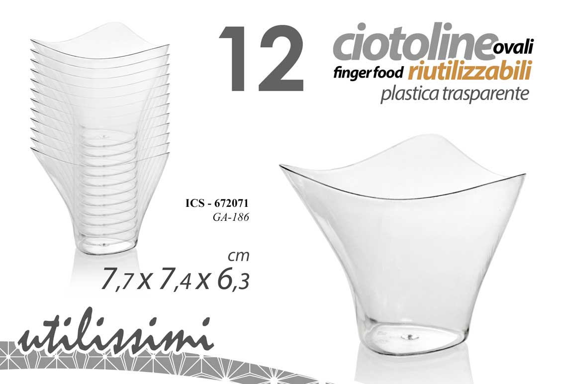 GICOS 12 CIOTOLINE OVALI FINGER FOOD RIUTILIZZABILI PLASTICA TRASPARENTE CM.7,7X7,4X6,3