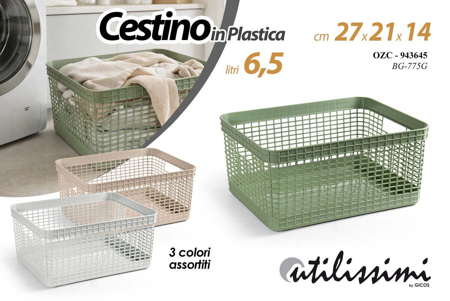 GICOS CESTINO IN PLASTICA 6,5L CM.27X21X14 COLORI ASSORTITI