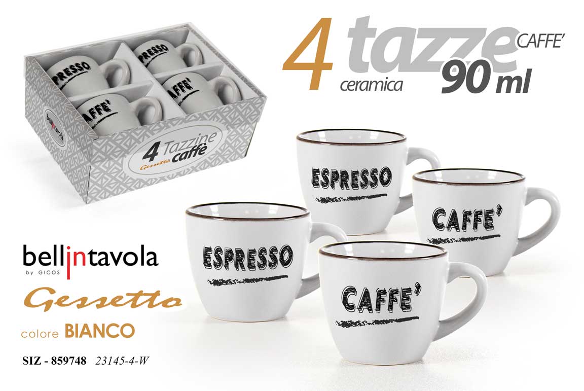 GICOS 4 TAZZE CAFFE' CERAMICA 90ML GESSETTO BIANCO