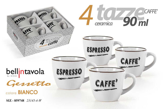 GICOS 4 TAZZE CAFFE' CERAMICA 90ML GESSETTO BIANCO