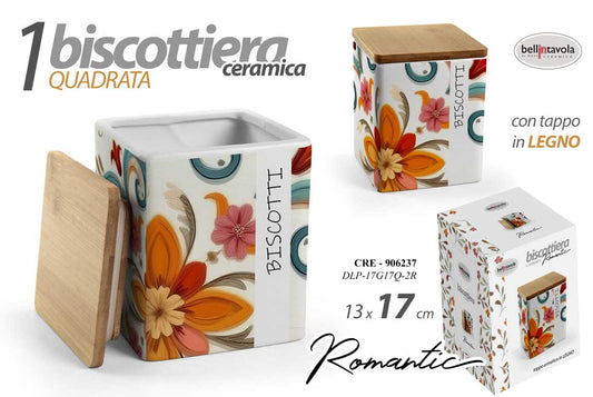 GICOS ROMANTIC BISCOTTIERA CERAMICA QUADRATA CON TAPPO IN LEGNO CM.13X17