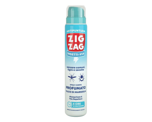 ZIG ZAG INSETTI-VIA ZANZARE COMUNI,TIGRE E ZECCHE SPRAY CORPO PROFUMATO 100ML TALCO DI MARSIGLIA