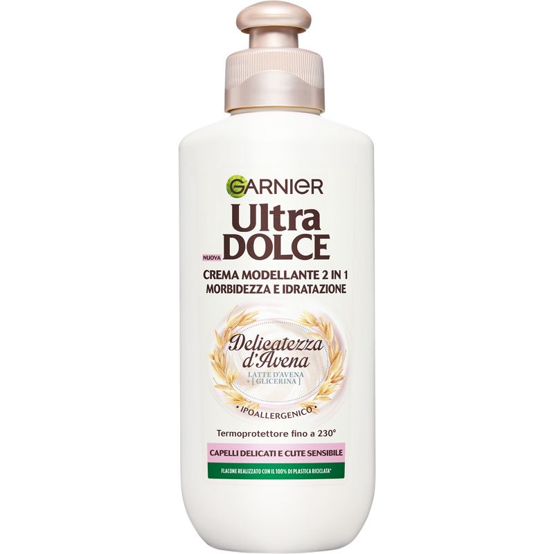 GARNIER ULTRA DOLCE CREMA MODELLANTE 2 IN 1 MORBIDEZZA E IDRATAZIONE 200ML DELICATEZZA D'AVENA LATTE D'AVENA + GLICERINA CAPELLI DELICATI E CUTE SENSIBILE TERMOPROTETTORE FINO A 230