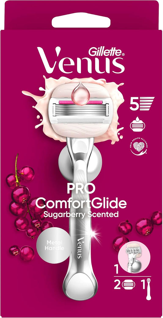 GILLETTE VENUS PRO COMFORTGLIDE SUGARBERRY SCENTED 5 LAME RASOIO + 2 RICAMBI