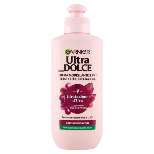 GARNIER ULTRA DOLCE CREMA MODELLANTE 2 IN 1 ELASTICITA' E IDRATAZIONE 200ML IDRATAZIONE D'UVA ACQUA D'UVA + OLIO DI VINACCIOLI CAPELLI DISIDRATATI TERMOPROTETTORE FINO A 230