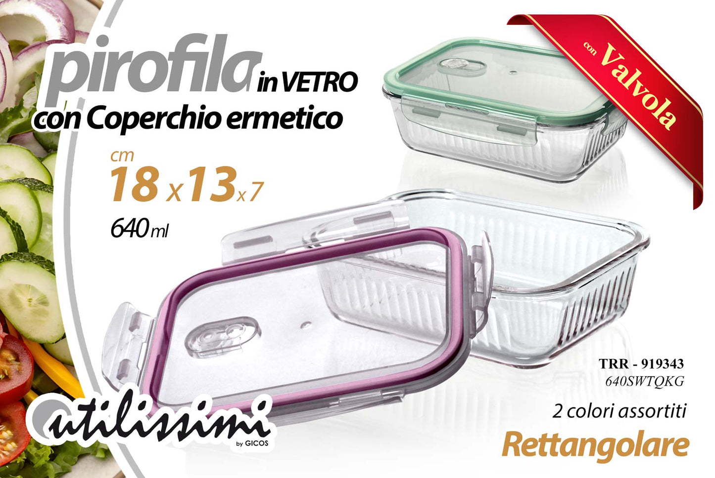 GICOS PIROFILA IN VETRO CON COPERCHIO ERMETICO 640ML CM.18X13X7 CON VALVOLA COLORI ASSORTITI
