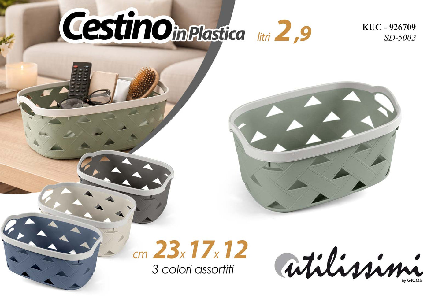 GICOS CESTINO IN PLASTICA 2,9L CM.23X17X12 COLORI ASSORTITI