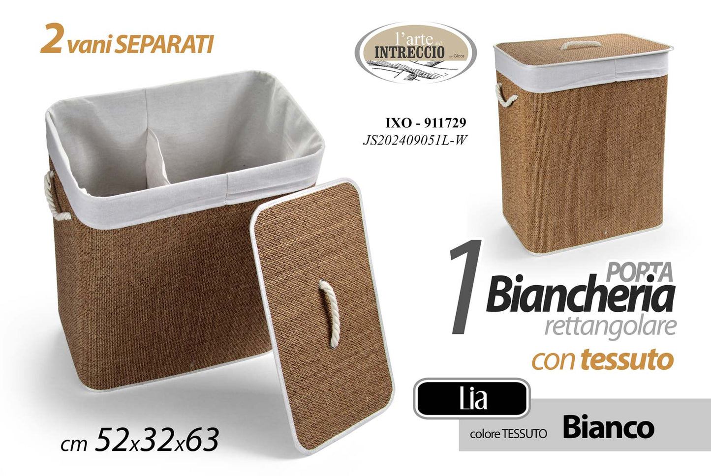 GICOS PORTABIANCHERIA RETTANGOLARE CON TESSUTO BIANCO CM.52X32X63