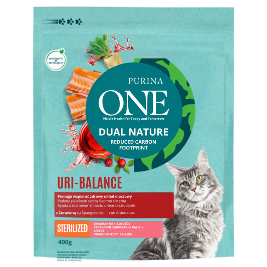 PURINA ONE CROCCANTINI GATTO 400G DUAL NATURE URI-BALANCE CON MIRTILLO ROSSO STERILIZED SALMONE 1 INGREDIENTE