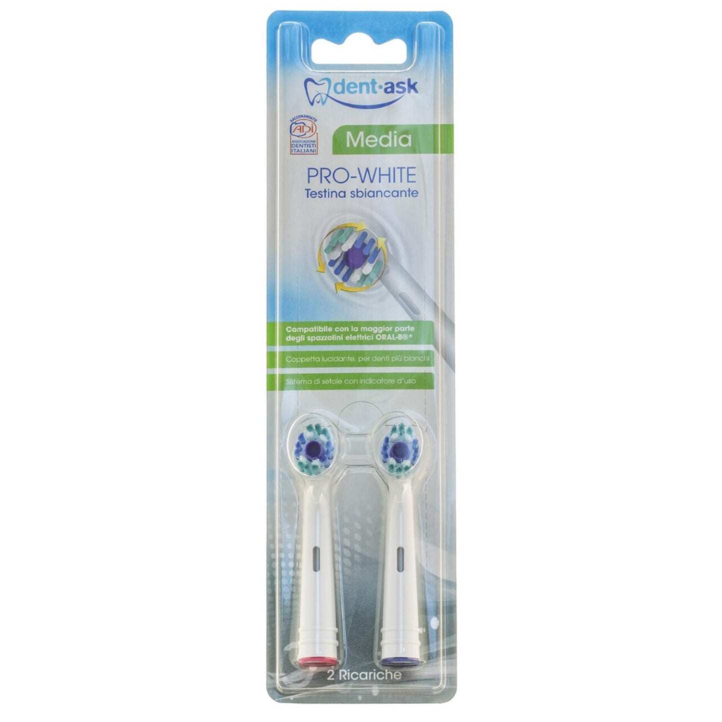 DENT-ASK REFILL TESTINE SPAZZOLINO ELETTRICO PRO-WHITE SBIANCANTE COMPATIBILI ORAL-B 2PZ