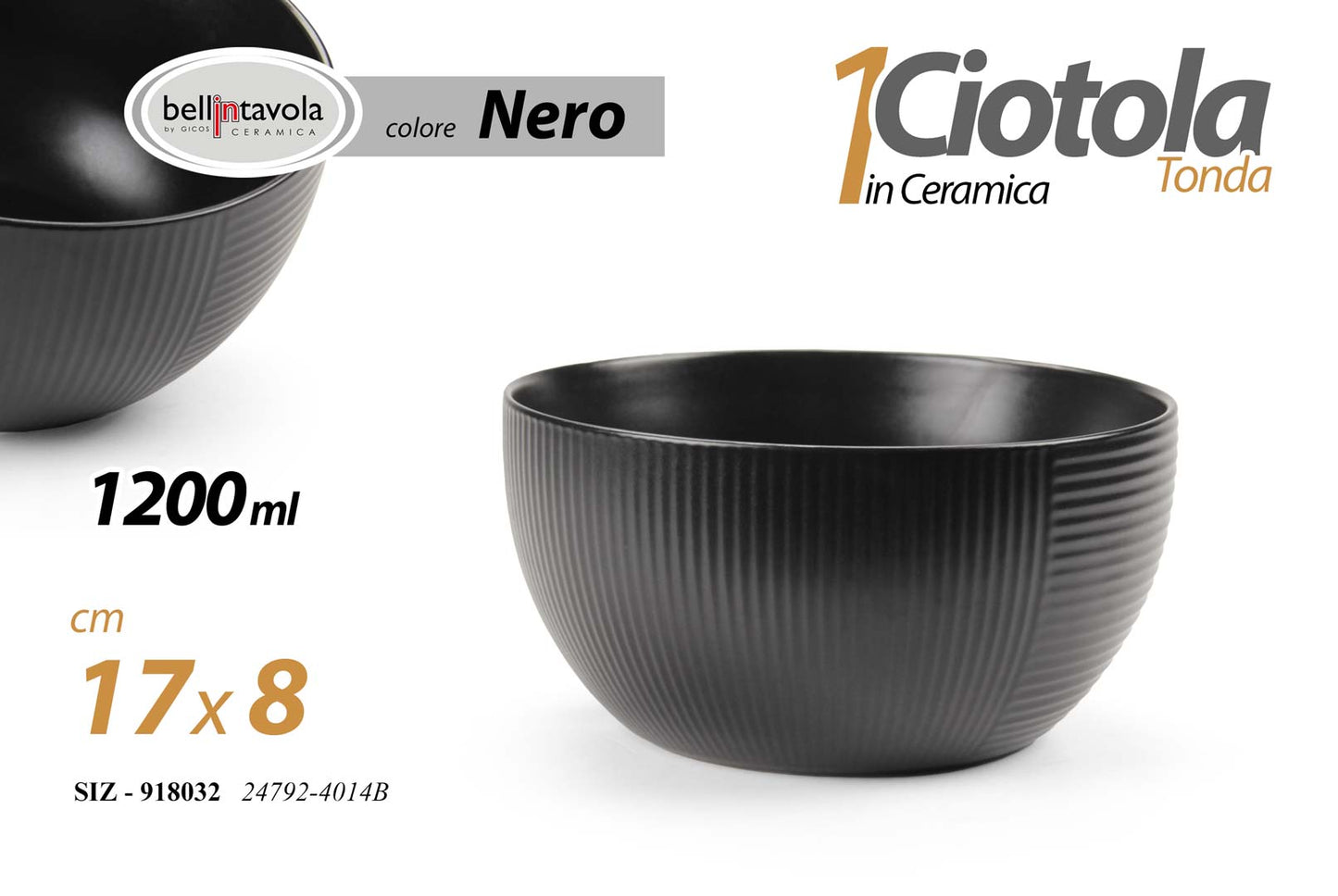 GICOS CIOTOLA IN CERAMICA TONDA 1200ML CM.17X8 NERO