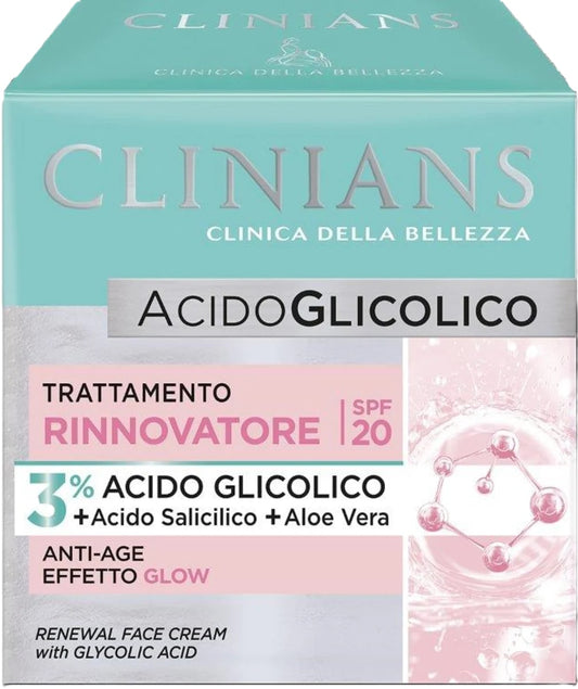 CLINIANS ACIDO GLICOLICO TRATTAMENTO VISO RINNOVATORE SPF20 50ML 3% ACIDO GLICOLICO + ACIDO SALICIDICO + ALOE VERA ANTI-AGE EFFETTO GLOW