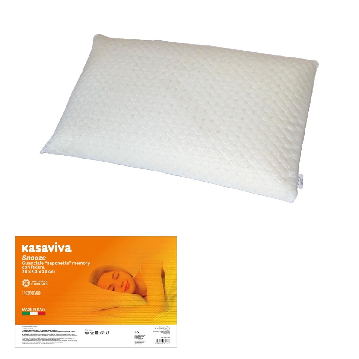 KASAVIVA SNOOZE GUANCIALE SAPONETTA MEMORY CON FEDERA CM.72X42X12