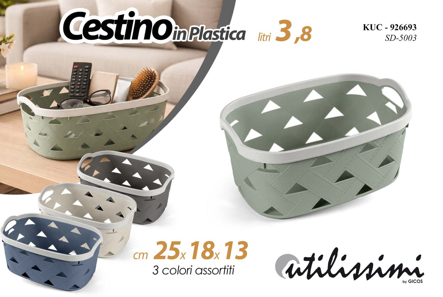 GICOS CESTINO IN PLASTICA 3,8L CM.25X18X13 COLORI ASSORTITI