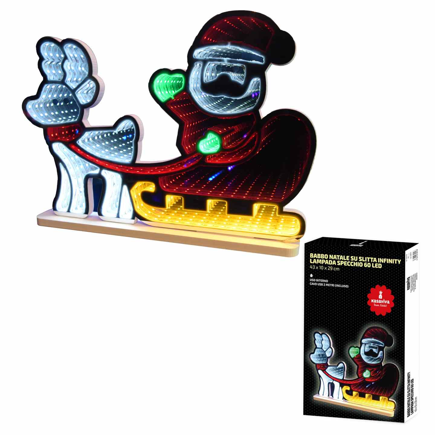 KASAVIVA NATALE BABBO NATALE SU SLITTA INFINITY LAMPADA SPECCHIO 60 LED CM.43X10X29