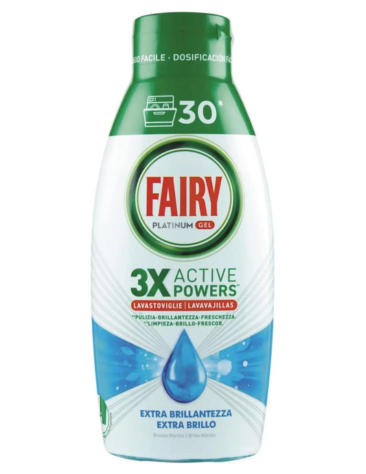 FAIRY PLATINUM GEL 600ML 30 LAVAGGI 3X ACTIVE POWERS EXTRA BRILLANTEZZA BREZZA MARINA