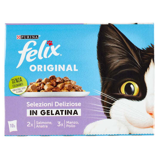 FELIX ORIGINAL 10X85G SELEZIONE DELIZIOSE IN GELATINA SALMONE/ANATRA MANZO/POLLO