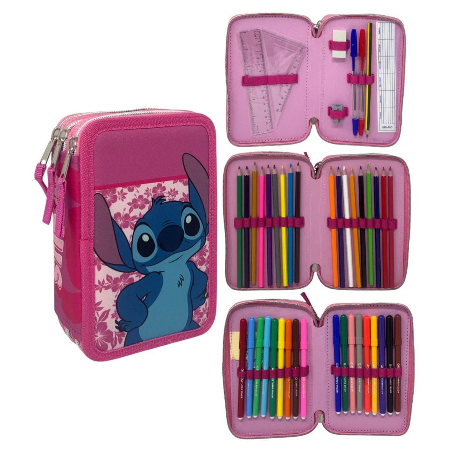 STITCH DISNEY ASTUCCIO 3 ZIP ROSA COMPLETO 18+18