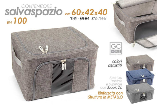 GICOS CONTENITORE SALVASPAZIO 100L CM.60X42X40 APERTURA FRONTALE E SUPERIORE CON DOPPIA ZIP COLORI ASSORTITI