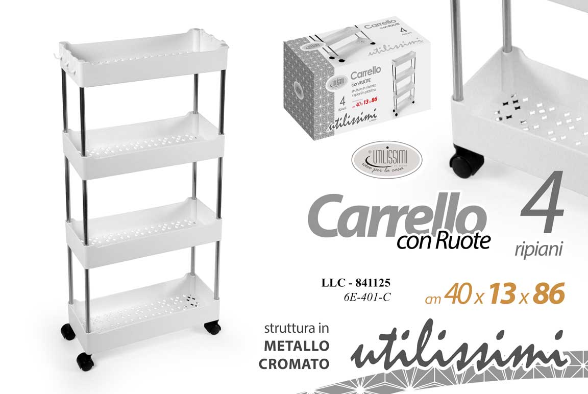 GICOS CARRELLO CON RUOTE 4 RIPIANI STRUTTURA IN METALLO CROMATO CM.40X13X86